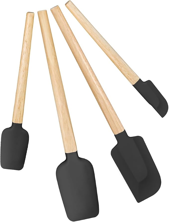 Silicone Spatula Set, Food Grade Rubber Spatula-4 Piece Nonstick Rubber Spatulas, Spoonula, Jar Scraper for Cooking, Baking, Mixing, Frosting - Heat Resistant Up to 600°F (4 Pcs Spatula Black)