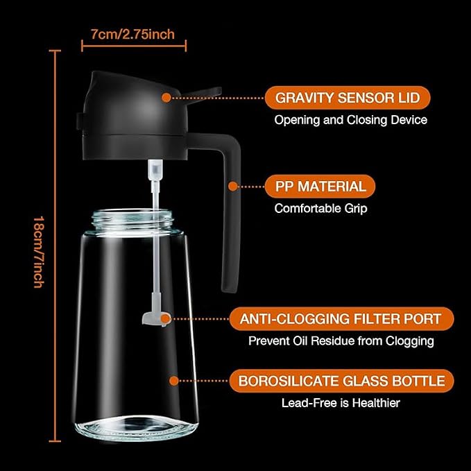 Glass Olive Oil Sprayer for Cooking-TrendPlain 16oz/470ml – 2 in 1 Olive Oil Dispenser Bottle for Kitchen Gadgets and Air Fryer Accessories, Salad, BBQ - Black
