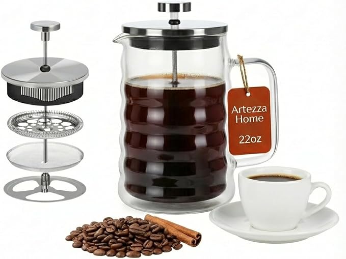 Glass French Press Coffee Maker, Heat Resistant Borosilicate Glass (22oz Wavy)