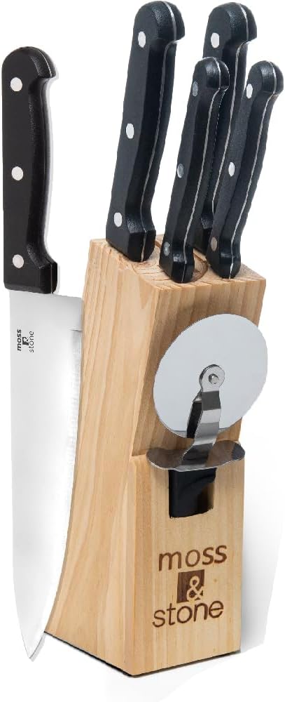 Moss & Stone 7 Pcs Small Kitchen Knife Set with Block, Stainless Steel | Premium forged kitchen knives with high-carbon sharp blades, ergonomic handle, rust-resistant knife block set for home & chef