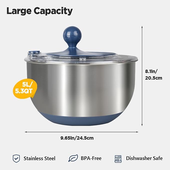 Stainless Steel Salad Spinner, 5.3 Qt Lettuce Spinner with Non-Slip Base, Drain and Stop Button, Fruit and Vegetable Washer and Dryer Spinner, Blue