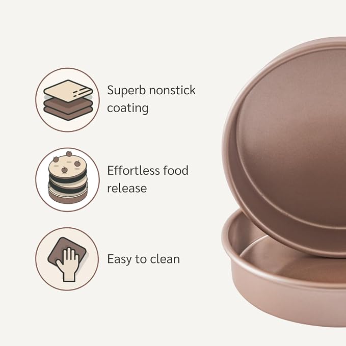 9 inch Raund Cake Pan 2 Pack Nonstick, PFOA & BPA Free | | Non-Toxic - High Carbon Steel - Gold - Layer Circle Mold 2 inches Deep for Oven Baking