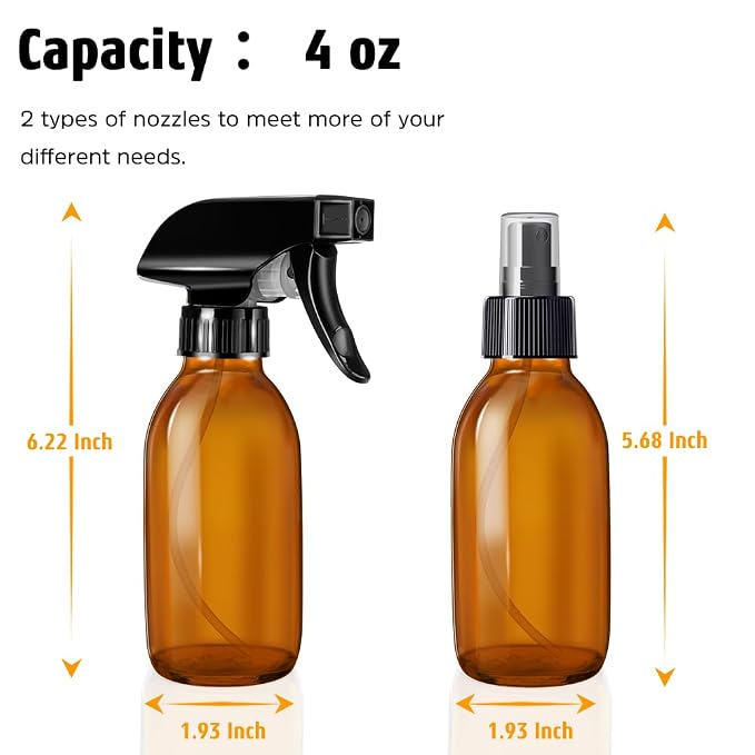 Tecohouse Small Glass Spray Bottles 4 OZ, 2 Pack Amber Glass Spray Bottles | Empty Spray Bottles for cleaning, Plants, Pets, Hair, Durable Spray Nozzle, Fine Mist, Labels, Funnel, Pipettes, Reusable