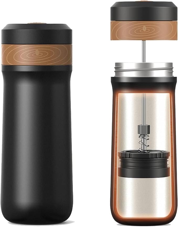 RECAFIMIL Portable French Press Stainless Steel Coffee Maker Travel French Press Insulated Bottle Cup - 320ml Portable Coffee Maker with Double Wall Insulation, Ideal for On - the - go Coffee Lovers