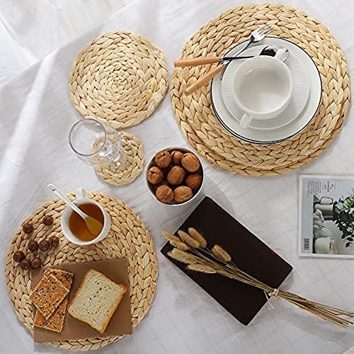 6 Pack 13.8" Woven Placemats, Natural Hand-Woven Water Hyacinth Placemats, Round Braided Rattan Tablemats for Dining Table, Large Weave Round Place Mats Heat Resistant Non-Slip Table Mats, 13.8 Inch