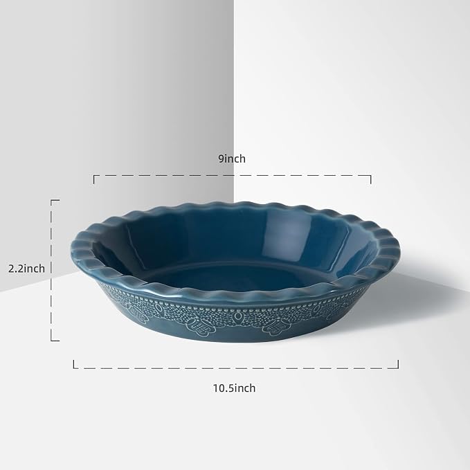 Pie Pan, 9 Inch Ceramic Pie Dish, Deep Dish Pie Pan with Lace Emboss, Ruffled Pie Plate for Baking, Thanksgiving Christmas Gifts, Set of 2, Blue
