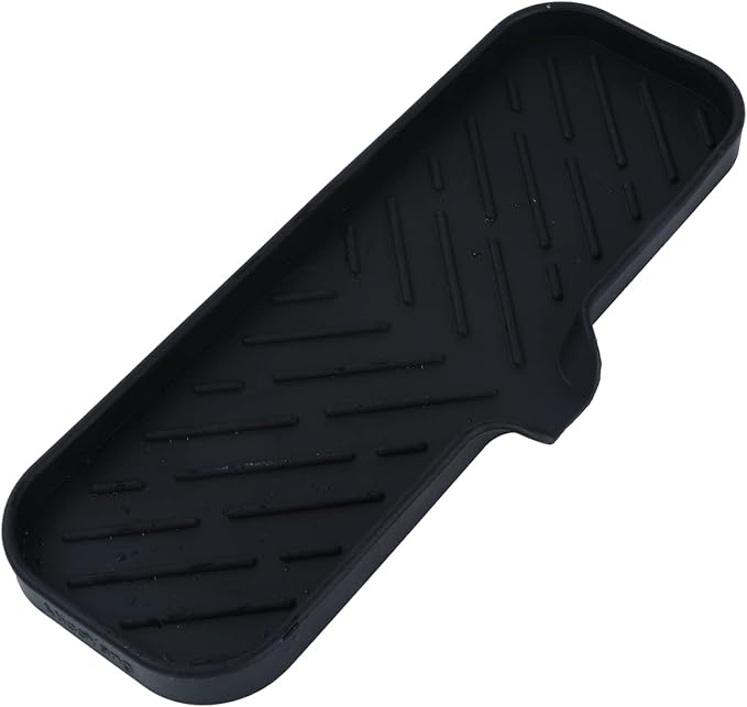 MicoYang Silicone Soap Dish with Drain Spout — Self-Draining Double Sink Organizer Tray for Kitchen & Bathroom, Dispensers, Sponges & Soap Holder, Non-Slip & Dishwasher Safe, Black (Large, 12"×4")