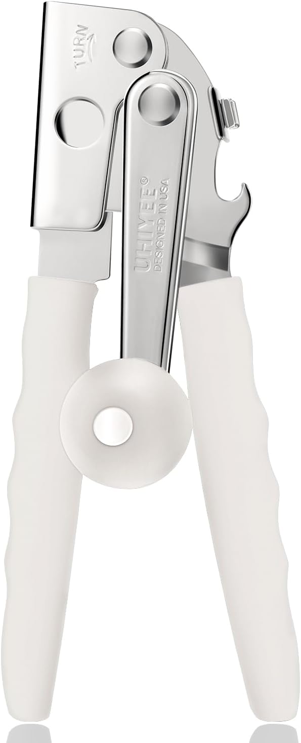 UHIYEE Commercial Can Opener Heavy Duty, Hand Crank for Large Cans, White | Manual Can Opener, High-Carbon Blade, Extra-Long Handle, Oversize Knob, Built-in Magnet & Bottle Opener, For #10 Cans