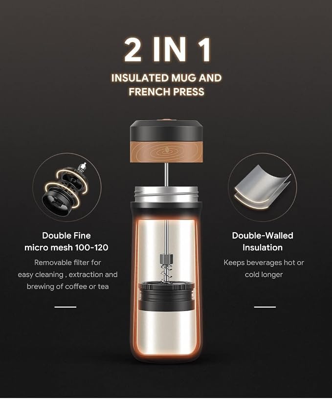 RECAFIMIL Portable French Press Stainless Steel Coffee Maker Travel French Press Insulated Bottle Cup - 320ml Portable Coffee Maker with Double Wall Insulation, Ideal for On - the - go Coffee Lovers
