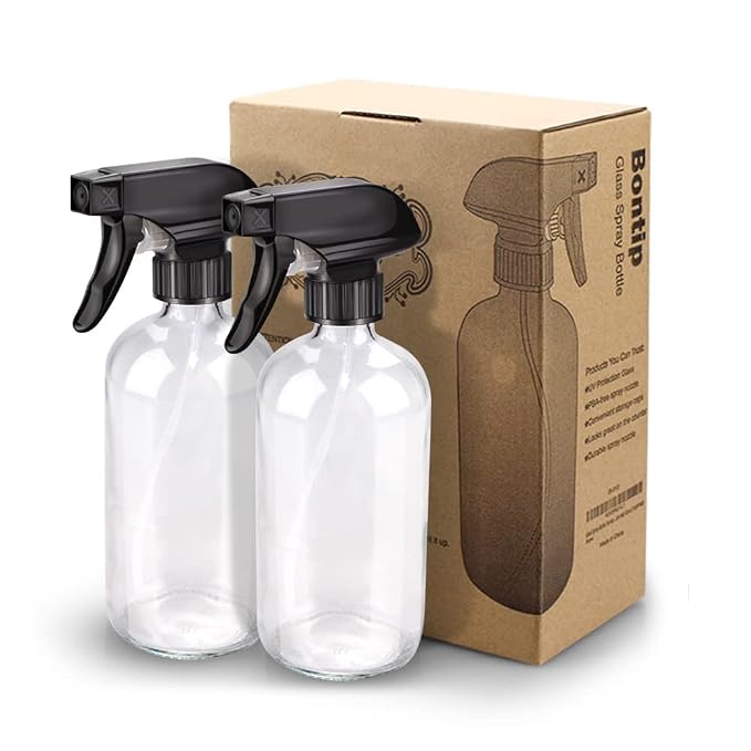 Bontip Glass Spray Bottle 16 oz for Cleaning, Plants (2 Pack, Transparent) | Refillable clear spray bottle Set, BPA-free eco glass, With labels and funnel, Great for cleaners, plant misting, hair care