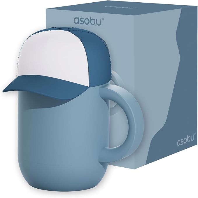 asobu Happy Hat Mug – 12 oz Double-Walled Stainless Steel Insulated Cup with Beanie-Shaped Lid – Ceramic Inner Coating – Spill-Proof and Ergonomic Design for Home and Travel (Blue)