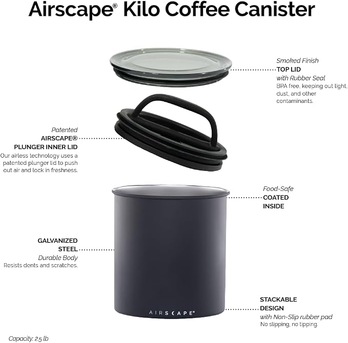 AirScape by Planetary Design | 2.2 lbs Coffee Storage | Matte Black | Plunger Lid Removes Excess Oxygen - DON'T buy airtight, BUY AIR-LESS - Holds 2.2 lbs Coffee Beans - (Matte Black)