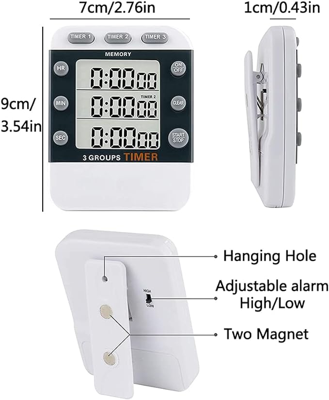 Digital Dual Kitchen Timer, Multiple Channels Countdown Timer | 3-Groups Triple Timer with Magnet-Back Memory-Preset Large Display Adjustable Volume, 3A Battery Included, Ideal for Cooking