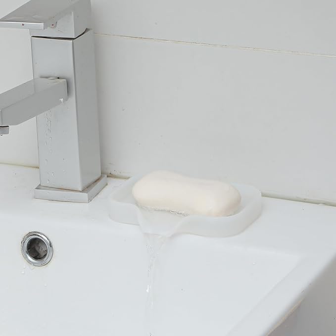 MicoYang Silicone Soap Dish with Drain Spout, Self-Draining Sink Organizer Tray for Bathroom & Kitchen, Sponges, Dispensers & Soap Holder, Non-Slip & Dishwasher Safe, Translucent (Compact, 4.9"×3.2")