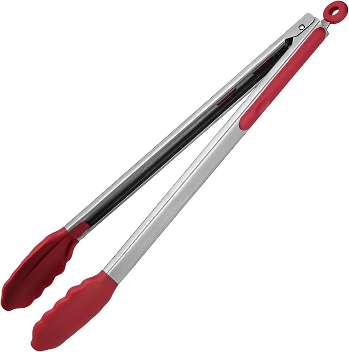 U-Taste Kitchen Tong for Cooking, 600ºF Heat-Resistant Silicone, 16in/Red | Extra Long BBQ Tongs, Large Tong for Grilling/Grabbing, Big Thong with Nonstick Silicone Tps & 18/8 Stainless Steel Handle
