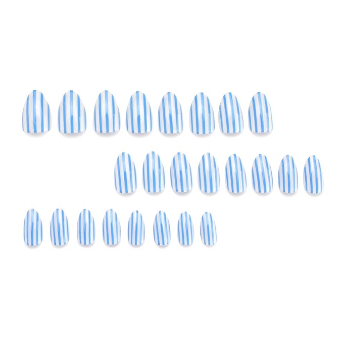 Blue White Press On Nails Short Almond Fake Nails With Stripe Designs | Full Cover False Nails Acrylic Nails Press Ons Reusable Stick On Nail Glossy Glue On Nail For Women 24Pcs