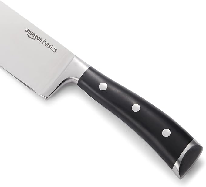 Amazon Basics Classic 8-inch Full Tang High Carbon Stainless Steel Chef's Knife, Multipurpose Kitchen Knife with Three Rivets, Silver
