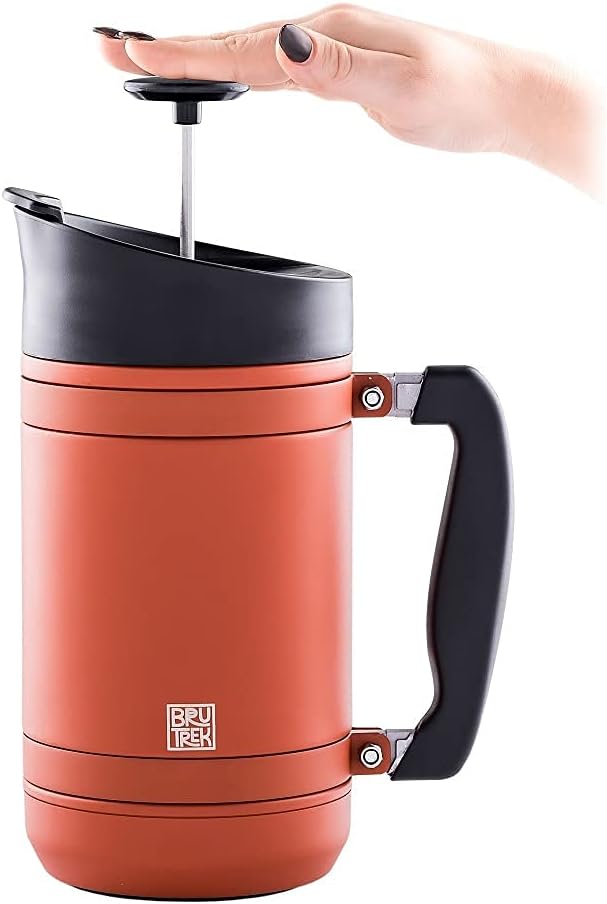 BruTrek by Planetary Design | BaseCamp French Press | 32 fl.oz - Red Rock | Double Wall Insulated Stainless Steel - Bru-Stop Technology, No Grounds in Coffee, No Spill Lid (Red Rock, 32 fl.oz)