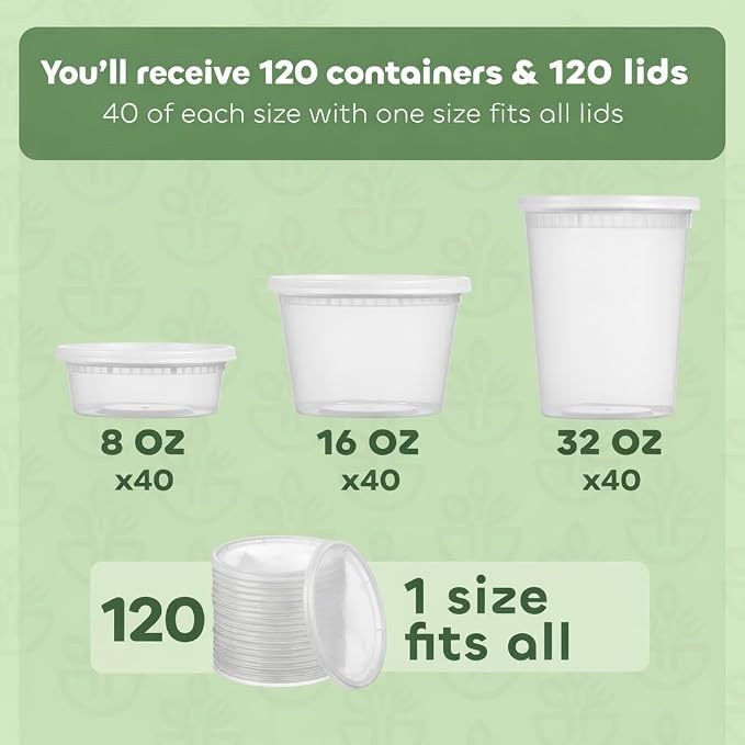120 Sets Plastic Deli Containers with Lids - 8oz, 16oz Pint & 32oz Quart | Leak Proof, Microwaveable, Dishwasher & Freezer Safe - Plastic Food Storage, Meal Prep, Restaurant & Soup Containers