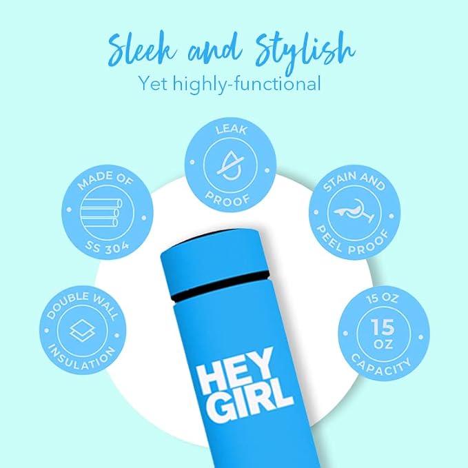 Hey Girl Tea Infuser Bottle 450ml - Insulated Stainless Steel Water Bottle - Tea Tumbler with Tea Diffuser - Portable Travel Mug for Loose Leaf Tea & Infused Water - Tea Lovers Gifts for Women