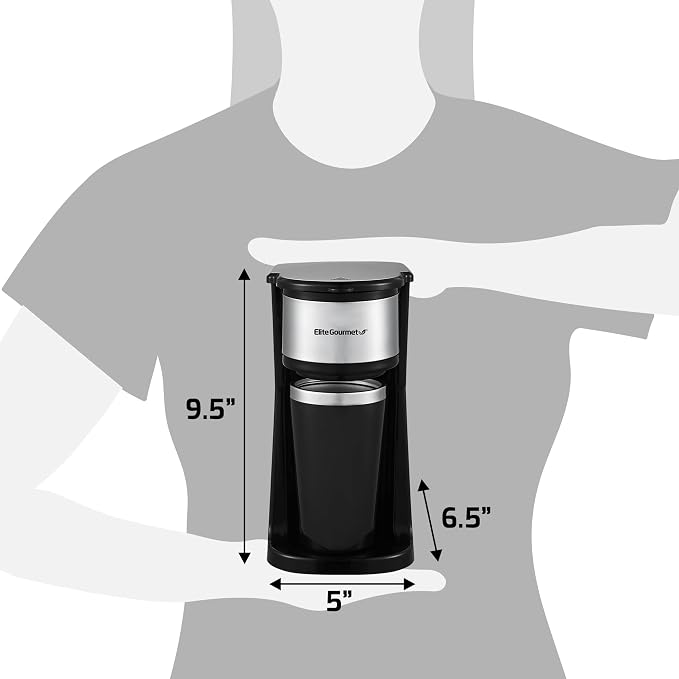 Elite Gourmet EHC-112B Personal Single-Serve Compact Coffee Maker, Black | Includes 14oz stainless steel interior thermal travel mug, reusable filter - compatible with coffee grounds
