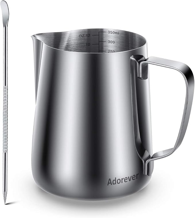 Milk Frothing Pitcher, Thicker Version 350ml 12oz Steaming Pitchers Stainless Steel Milk Coffee Cappuccino Latte Art Barista Steam Pitchers Milk Jug Cup with Decorating Pen