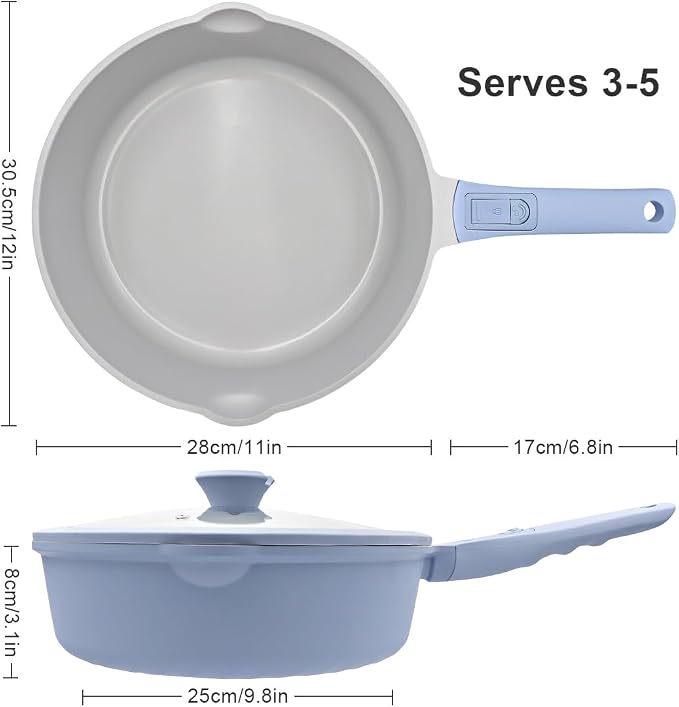AIKENBBKK Ceramic Frying Pan Skillet with Lid, 12 inch Nonstick Deep Frying Pan for Cooking, 5 QT Large Saute Pan with Detachable Handle, Induction Ready, PTFE & PFAS-Free, Oven Safe, Blue