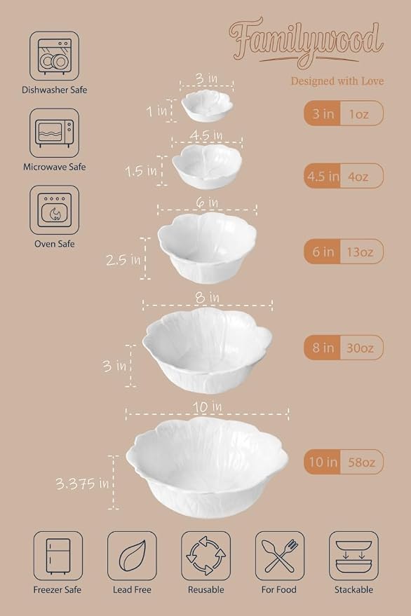 Porcelain Leaf Serving Bowls & Dishes Set – 5 Piece, 1-58 oz White Serving Bowls for Party, Entertaining, Salad, Soup & Snacks, Dishwasher & Microwave Safe