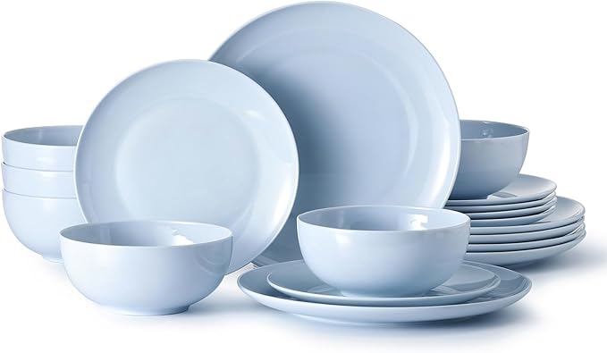 18-Piece Bone China Dinnerware Set for 6, Misty Blue | Lightweight Porcelain | Round Plates & Bowls | Scratch Resistant | Durable Ceramic | Microwave & Dishwasher Safe
