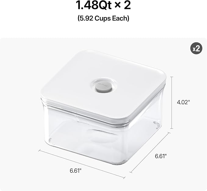 VAKUEN Premium Airtight Food Storage Containers, Square 2PC/Set(1.48qt/1.5Lx2pcs), Smart One-Click Seal Lid, No Hinges, 100% Leak Proof, BPA-FREE, Dishwasher, Freezer & Microwave Safe