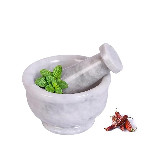 Marble Mortar & Pestle Kitchen Set – 4 Inch White Herb Grinder, Spice Grinder, Pill Crusher, Fine Powder Grinder, Avocado Masher & Coffee Mortar – Premium Large Hand Grinder Tool