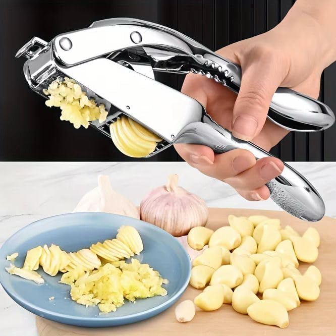 Garlic Press Stainless Steel - 3-in-1 Heavy Duty Garlic Press and Slicer, Professional Garlic Mincer Tool & Garlic Crusher with Ergonomic Handle, Dishwasher Safe Garlic Presser Set
