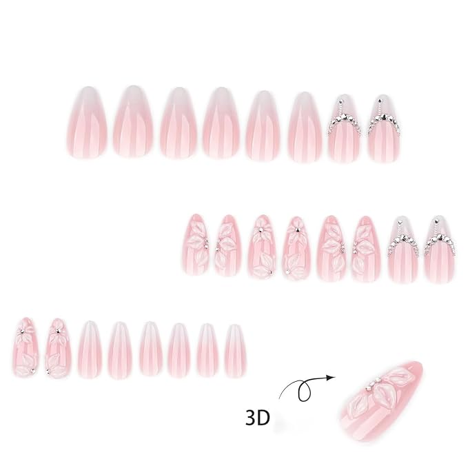 24Pcs Almond Press on Nails Medium French Tip Fake Nails with Silver Rhinestones & 3D Embossed White Flower Design Glossy Nude Pink Glue on Nails Full Cover Acrylic Nail Tips False Nails for Women