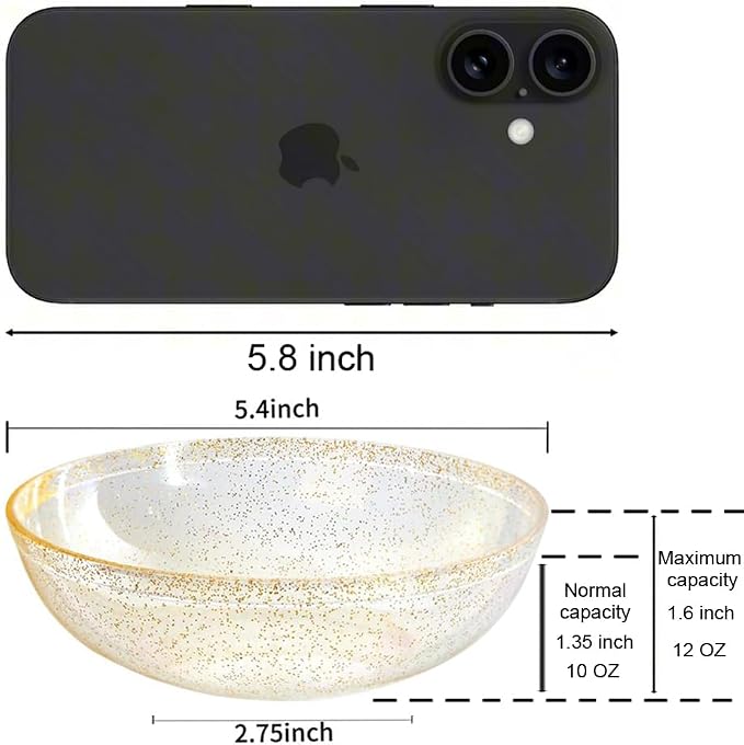 bUCLA 50Pack Gold Glitter Plastic Bowls - 10oz Disposable Crystal Salsa/Dessert Bowls for Wedding & Party
