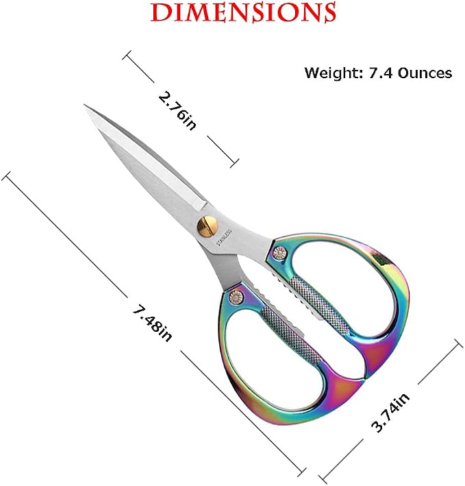 Multi-Purpose Kitchen Shears Scissors, Heavy Duty Stainless Steel Kitchen Scissors for Food with Strong Straight Edge Snips Colorful Handle (Iridescent Color)
