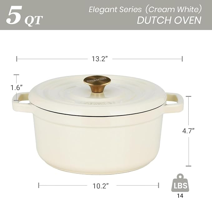 Overmont Enameled Cast Iron Dutch Oven - 5QT Pot with Lid Recipe Potholders | Pre-Seasoned Dutch Oven with Moisture-Sealing Lid, Oven Safe to 500°F, Heavy-Duty Cookware for Braising Stews Roasting Baking