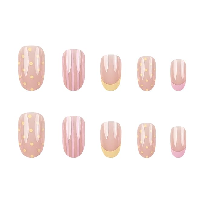 French Press On Nails Short Almond Fake Nails With Stripe Polka Dot Designs | Yellow Pink French False Nails Acrylic Nails Press Ons Glossy Glue On Nail Reusable Stick On Nail For Women 24Pcs