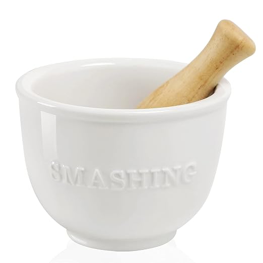 Wooden Procelain Mortar and Pestle Set, Ceramic Pill Crusher Spice Grinder, Herb Bowl, 3.7 inch White