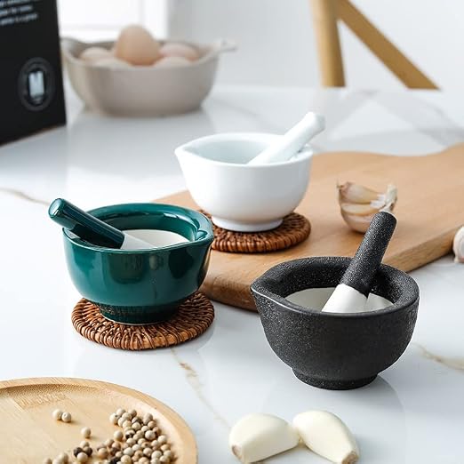 Porcelain Mortar and Pestle Spice Garlic Herb Grinder, Mixing Grinding Bowl Crusher Set, Restaurant Kitchen Tools-Black