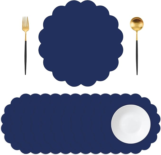 50 Pcs Navy Blue Paper Placemats Disposable, 13.5 Inch Blue Disposable Scalloped Placemat Decorative Placemats for Birthday Wedding Baby Shower Banquet Tea Party
