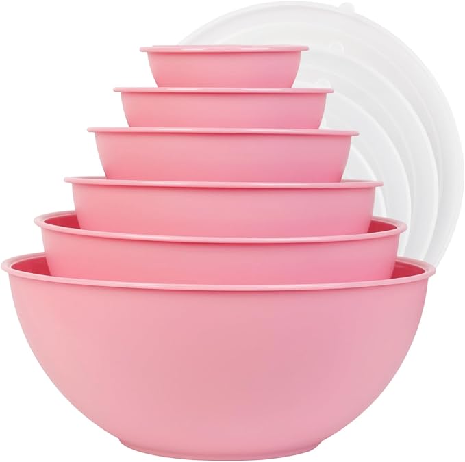 BoxedHome BPA Free Plastic Round Mixing Bowl with Lids, 12 Pack Nesting Bowls with Lids Set, Microwave and Dishwasher Safe Prep & Serving Bowls Great for Mixing, Baking, Serving (Pink, 12pcs)