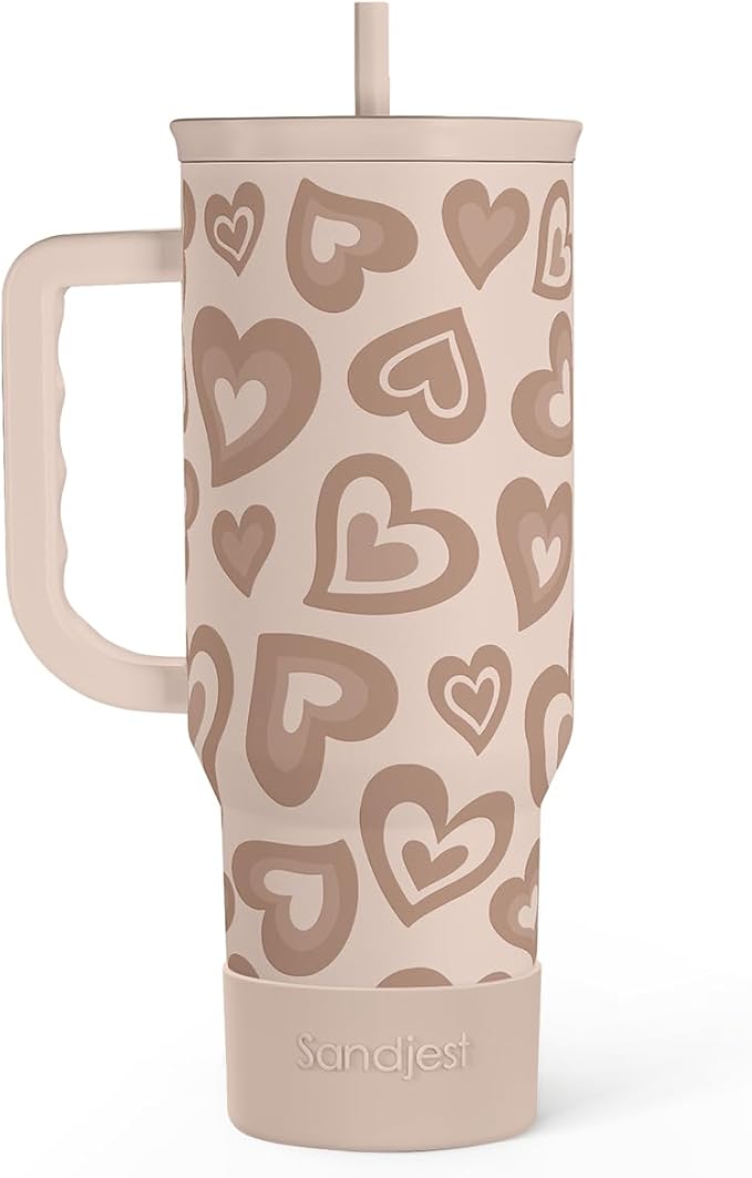SANDJEST Heart Tumbler with Handle and Straw 40oz – Stainless Sleel Slider Tumbler Travel Coffee Mug for Women - Gift Idea for Birthday Christmas Valentine's Day