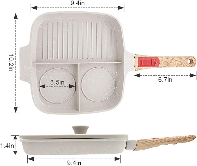 Nonstick 3 Section Grill Pan for Stove Tops, White | Detachable Handle, Versatile Griddle Pan with Lid, Square Skillet PFOA Free