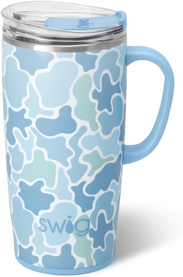 Swig Life 22oz Insulated Travel Mug with Handle & Lid, Saltwater Camo | Triple Insulated Stainless Steel - Handle & Lid Included - Keeps Coffee Hot or Cold - Cup Holder Friendly