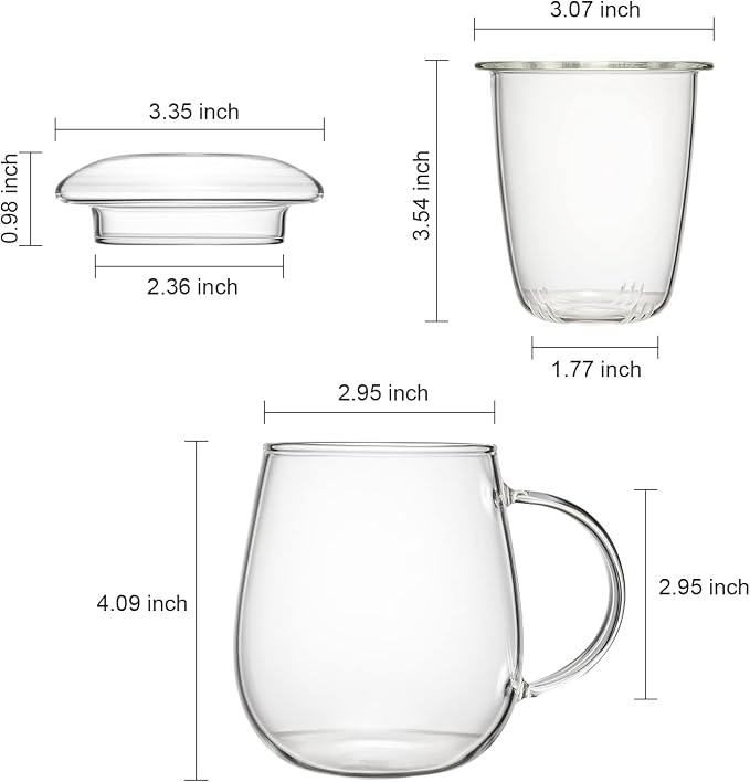 Clear Glass Teacup with Infuser and Lids for Blooming & Loose Leaf, 17oz | Borosilicate, Heat Resistance, Lead-free, Microwave & Dishwasher Safe