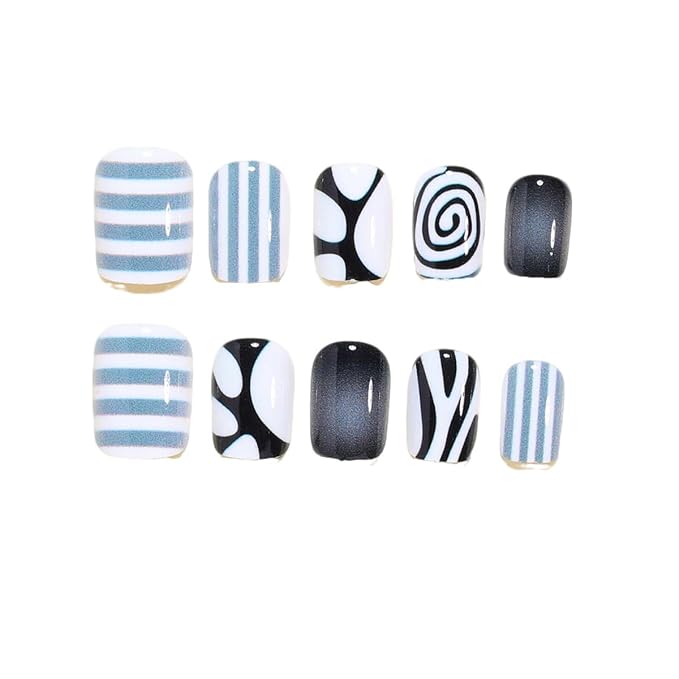 WLGDLH Press on Nails Short Square Fake Nails Press ons Nail Art Tips with Blue Stripes Black White Irregular Lines Design Cute Glossy False Nails Full Cover Repeatable Glue on Nail for Women 24Pcs