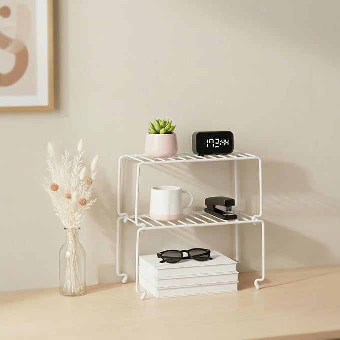 2-Pack Small (10.8x5.3inch) White Stackable Shelf Organizer Rack, Kitchen Shelves Organization for Cabinet, Pantry Organizers and Storage, Wire Shelf Rack, Desk Organizer, Rustproof