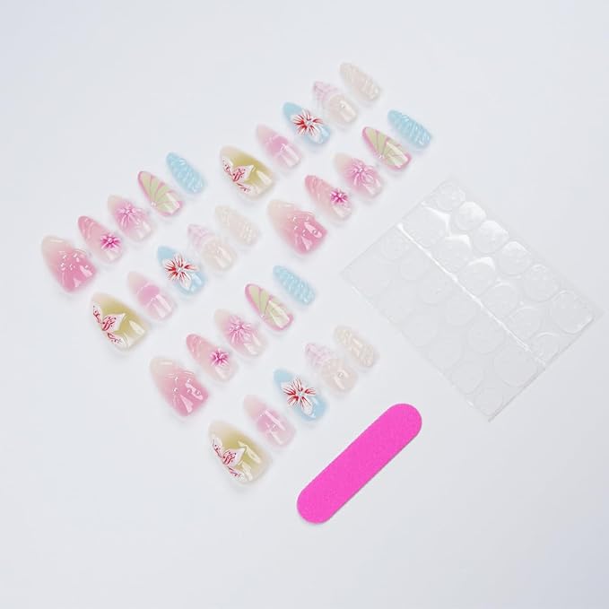 30Pcs Summer Flower Press On Nails Medium Almond Fake Nails with Pearl Design Blue Pink Cute Nails Glossy Full Cover Acrylic False Nails Reusable Summer Beach Stick On Nail for Women Vacation Nail Art