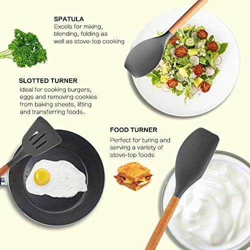 MIBOTE Silicone Cooking Kitchen Utensils Set, 17 Pcs, Wooden Handle, Grey | BPA-Free, Non-Toxic Silicone Turner, Tongs, Spatula, Spoon Set – Great for Nonstick Cookware, Heat-Resistant, Easy Clean