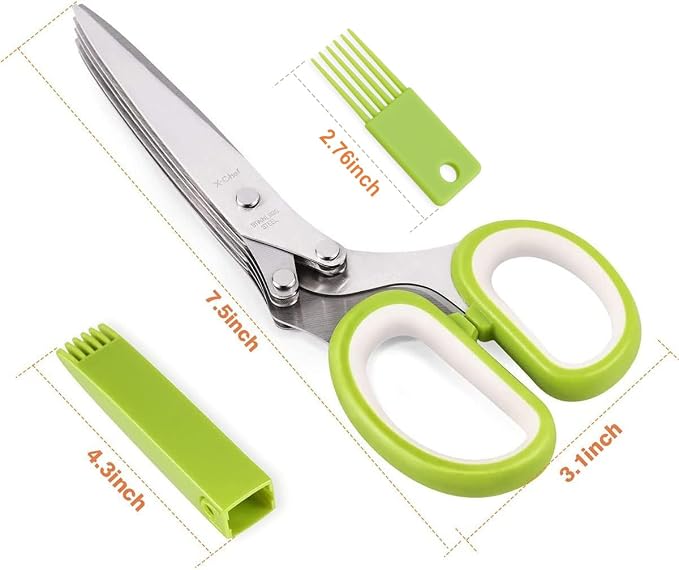X-Chef Multipurpose 5 Blade Herb Scissors | Kitchen Herb Shears Herb Cutter with Safety Cover and Cleaning Comb for Chopping Basil Chive Parsley (Green)